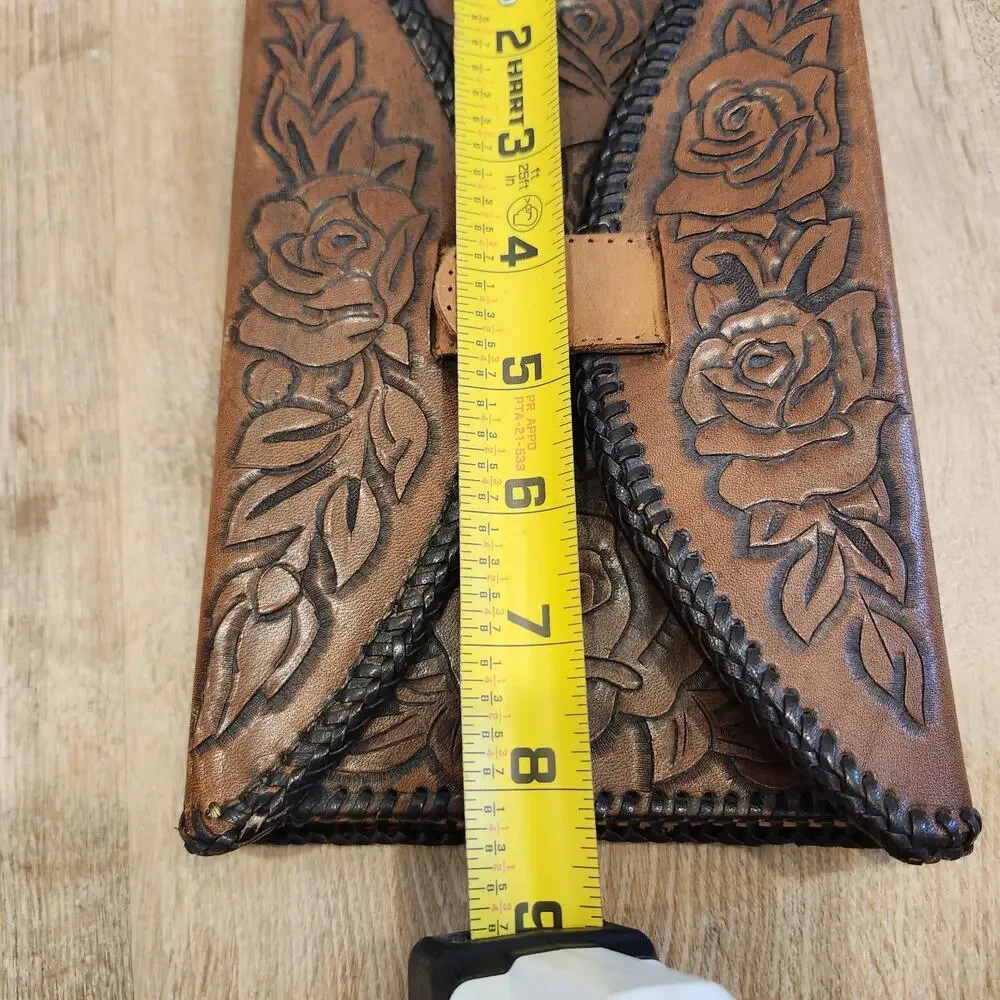 Vintage Hand Tooled Leather Book Journal Cover Handmade Roses Snap Close Signed